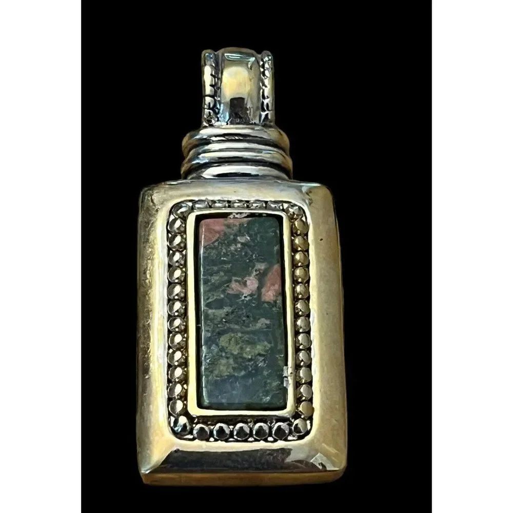 Vtg ROMAN Co Brand Gold Tone Pendant Marbled Cabochon Rectangle Statement Vtg